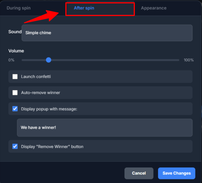 After spin settings in Wheel of names