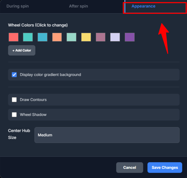 Appearance settings in Wheel of name generator