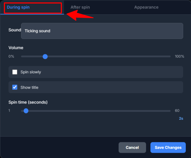During Spin Settings in Wheel of names